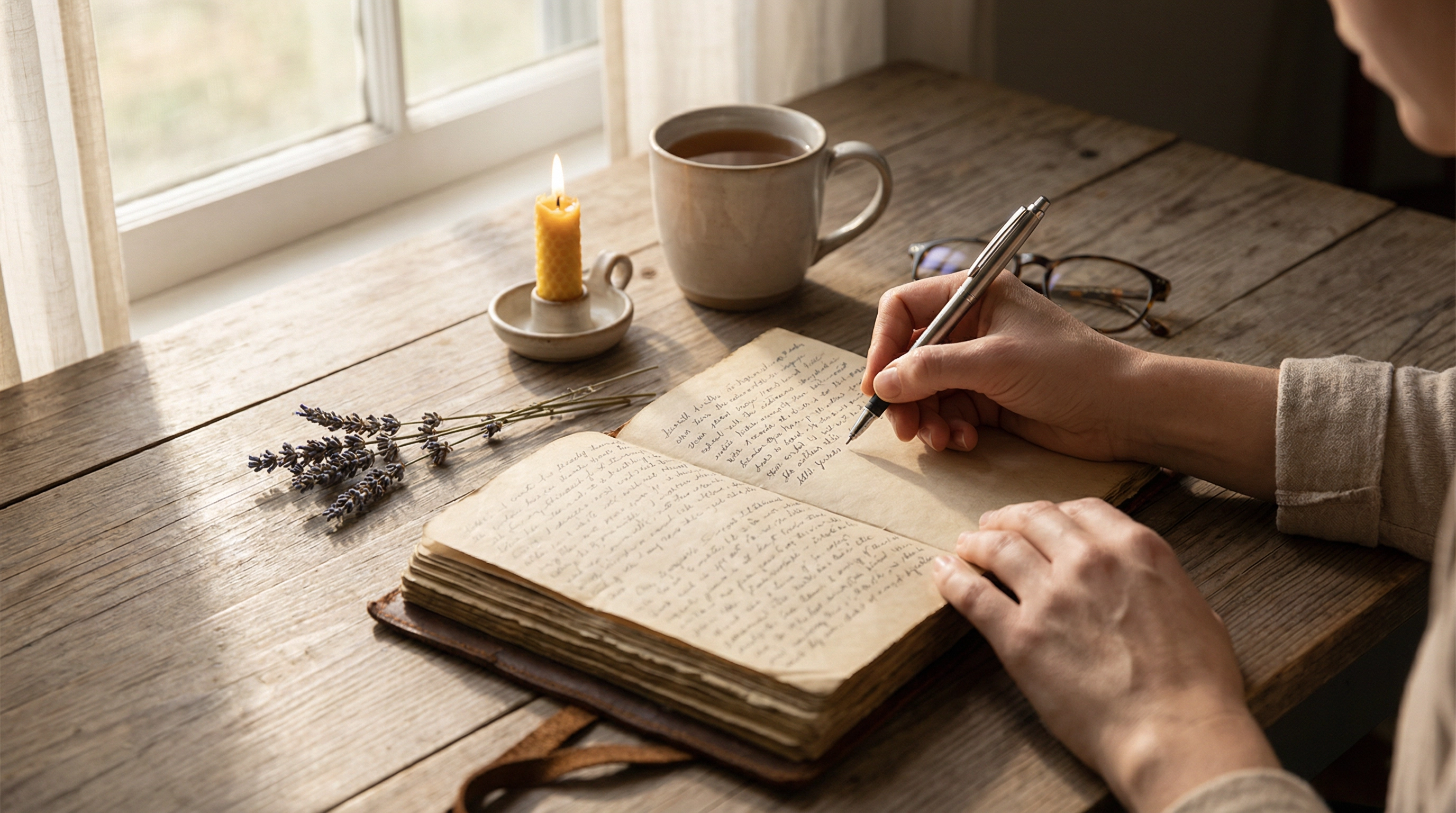 Hands writing in journal with candle
