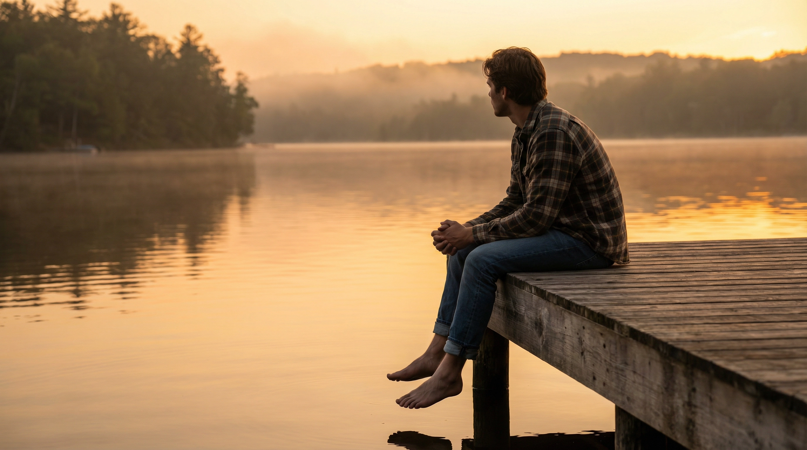 Person sitting on dock by lake at sunset