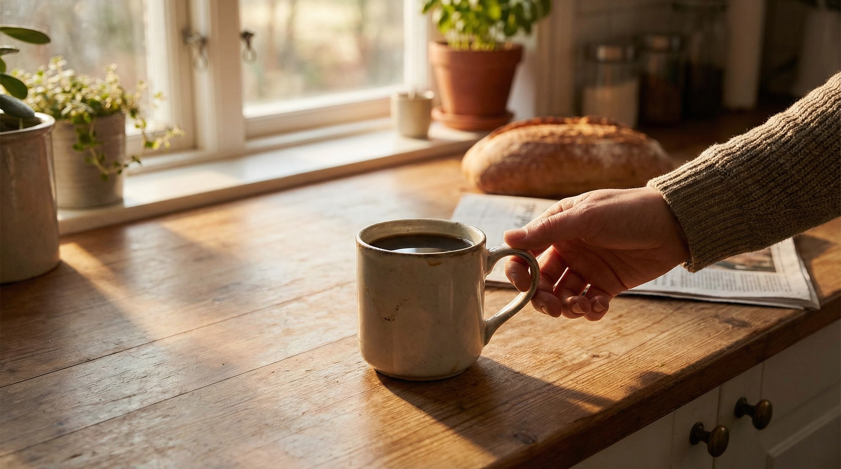 Morning coffee on kitchen counter with sunlight