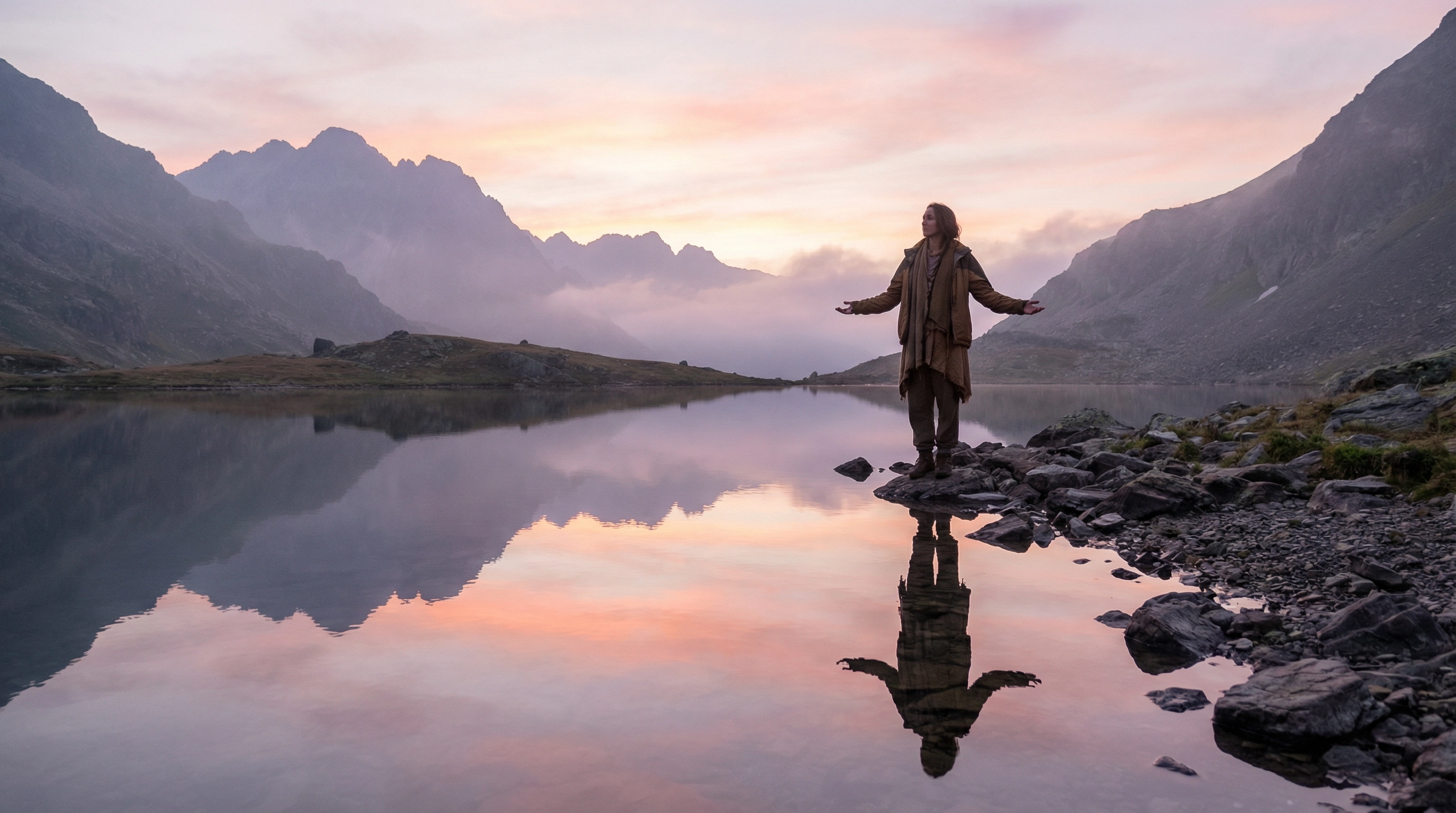 Person standing at lake at dawn with arms open